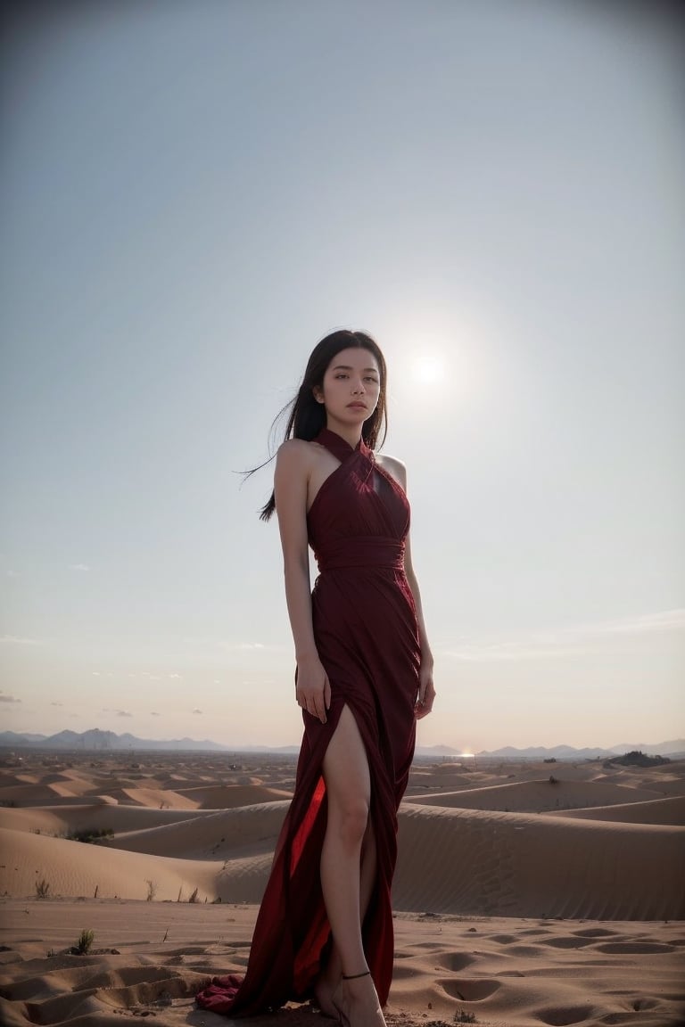 Desert Solitude: Imagine a woman in a flowing red dress, standing atop a sand dune overlooking a vast desert landscape. The sun dips below the horizon, casting long shadows and painting the sky in fiery hues. The silence is broken only by the whisper of wind, and the woman's expression is one of quiet contemplation amidst the stark beauty of nature's harshest embrace.china girl 22year