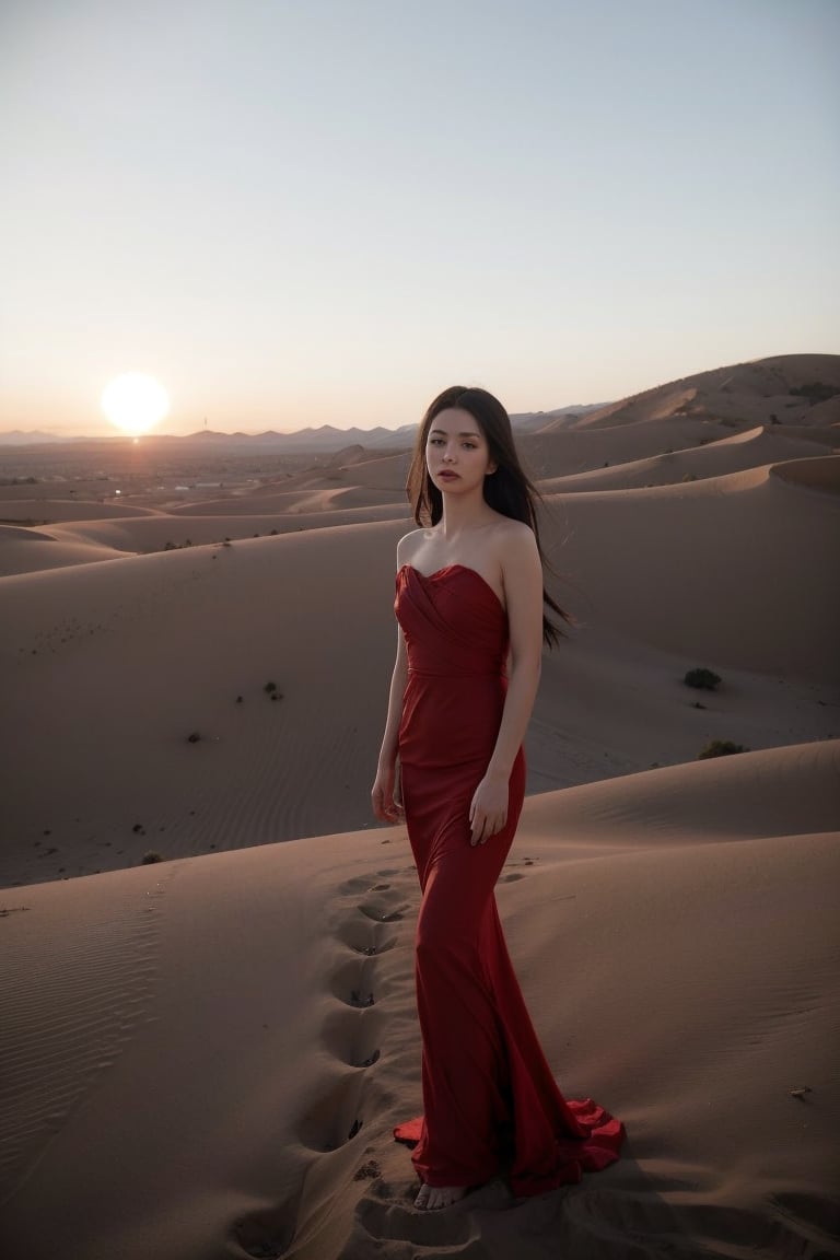 Desert Solitude: Imagine a woman in a flowing red dress, standing atop a sand dune overlooking a vast desert landscape. The sun dips below the horizon, casting long shadows and painting the sky in fiery hues. The silence is broken only by the whisper of wind, and the woman's expression is one of quiet contemplation amidst the stark beauty of nature's harshest embrace.china girl 22。happy
