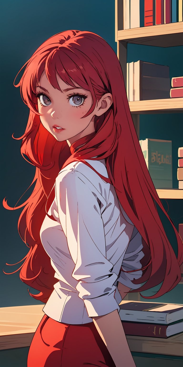 (best quality, masterpiece), sole_female, age 17,  sexy, looking at viewer, bookstore background, upper body, Red silk party top, long hair, red hair