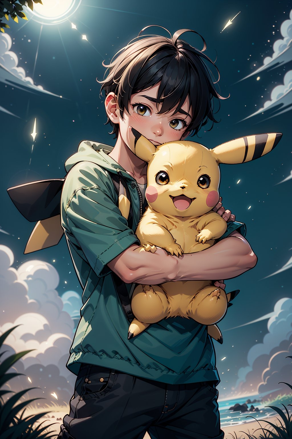 a boy hug a cartoon "pikachu"