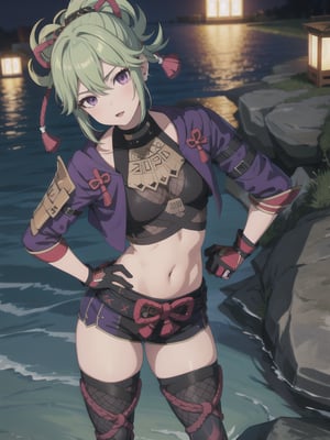masterpiece, best quality, KShinobuV4, 1girl, solo, breasts, looking at viewer, thighhighs, gloves, navel, hair between eyes, standing, outdoors, standing on stone, sea, water, night, jacket, cowboy shot, from above, shorts, midriff, stomach, armor, crop top, hand on hip, short shorts, mask, black shorts, fishnets, rope, cropped jacket, mouth mask, purple jacket, fishnet top, ninja mask