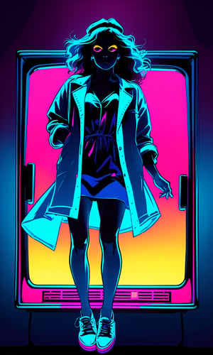Silhouette of frightened woman hiding in a 1980's radio station, neon light, in the style of coloring book comic, full body, raw hand drawn style