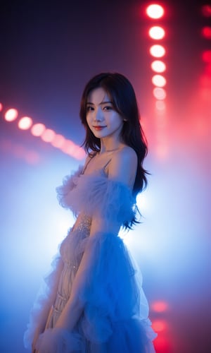 xxmixgirl, a mysterious woman, fog, movie lights, blue and red theme, smiling