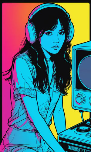 xxmix,Silhouette of frightened woman hiding in a 1980's radio station, neon light, in the style of coloring book comic, full body, raw hand drawn style