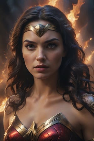 A detailed, hyper-realistic and cinematic portrait of Wonder Woman in a modern setting. The focus is on her face, which is rendered with incredible detail and clarity. The portrait is engulfed in flames, creating a dramatic and visually stunning effect. The flames are rendered with incredible realism, with flickering light and wisps of smoke. The lighting is dramatic and chiaroscuro, with strong contrasts between light and shadow. The colors are vibrant and saturated, with a mix of dark and bright tones. The overall effect is both awe-inspiring and captivating.


