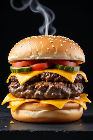 ,better photography,product photography of a double patty beef cheese burger in a black background, smoking hot burger,depth of field,food photography