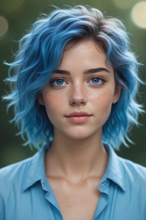 (best quality,  4k,  8k,  highres,  masterpiece:1.2),  ultra-detailed,  (realistic,  photorealistic,  photo-realistic:1.37),  blue messy hair,  light blue eyes,  freckles,  women,  portrait,  cinematic,  bokeh,  soft lighting,  ethereal atmosphere,  dreamy expressions,  dynamic composition,  textured background,  vivid colors,  subtle smile,  graceful pose,  professional,  artistic,  portrait photography