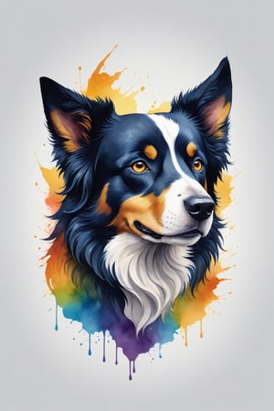 Generate a powerful, colorful Border collie logo facing forward, in watercolor style, with a monochrome background. Created by Yukisakura, ensuring an awesome full-color representation. a description of a humanoid creature with a female form, adorned with horns atop its head, wings sprouting from its back, depicted predominantly in black and gold,Leonardo Style
