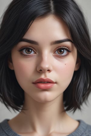 1girl, solo, looking at viewer, black hair, closed mouth, blurry, lips, eyelashes, portrait, close-up, realistic, nose