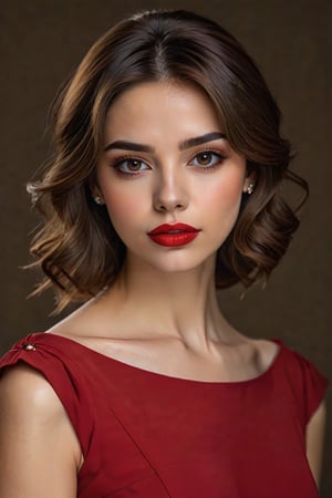 better photography, 1girl, solo, realistic, brown eyes, brown hair, dress, looking at viewer, lips, makeup, lipstick, simple background, parted lips, upper body, red lips,<lora:659095807385103906:1.0>