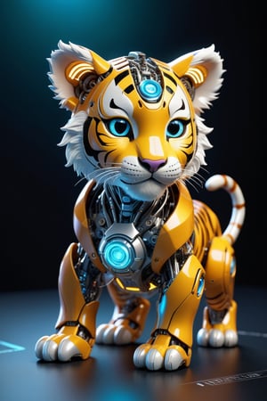 (cute and futuristic), envision a delightful cyborg tiger cub with neon-glowing mechanical enhancements. Picture the adorable feline with sleek, metallic body parts intricately integrated with its furry form, emitting a soft neon glow that illuminates its surroundings. The tiger's playful demeanor is accentuated by its cybernetic features, blending the innocence of youth with the marvels of advanced technology. Imagine the tiny cub exploring its surroundings with curiosity, its luminous body parts adding a touch of futuristic charm to its appearance. This concept demands attention to detail in rendering the seamless fusion of organic and mechanical elements, creating a captivating portrayal of a cybernetic creature. Transport the viewer to a world where nature and technology harmonize in perfect synergy, offering a glimpse into a future where even the wildest beasts are touched by the wonders of science and innovation.