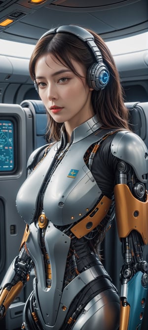Futuristic sci-fi concept art, realistic depiction of a cyborg stewardess on an airplane, intricate details of the robotic body and human-like face, vibrant colors and lighting, by Simon Stalenhag or Vitaly Bulgarov,LinkGirl,cyborg style,mecha\(hubggirl)\