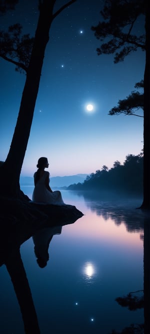 (best quality,highres:1.2),(ultra-detailed,extreme detail description),(realistic:1.37),a girl looking at the horizon,in a beautiful night, girl,soft moonlight,rays of moonlight,starlit sky,serene atmosphere,gentle breeze in the air,subtle colors,natural beauty,silhouette of trees,dreamy ambiance,peaceful,calm,reflective,deep thoughts,loneliness,tranquility,inner emotions,faint shadows,mystery,serene expression,soft glow,nighttime scenery,crisp air,nighttime solitude,whispers of night,ethereal atmosphere