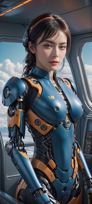 Futuristic sci-fi concept art, realistic depiction of a cyborg stewardess on an airplane, intricate details of the robotic body and human-like face, vibrant colors and lighting, by Simon Stalenhag or Vitaly Bulgarov,LinkGirl,cyborg style,mecha\(hubggirl)\