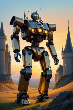 Highly detailed, realistic painting of a giant robot standing in front of a medieval castle, created by artists such as Simon Stålenhag and Masamune Shirow. The robot is intricately designed with mechanical parts and intricate details, towering over the castle with its massive size. The scene is set during sunset, with warm golden light illuminating the robot's metallic surface. The composition is symmetrical and the perspective gives a sense of grandeur to the image. This piece combines elements of concept art and science fiction, making it perfect for fans of both genres.