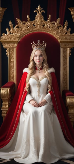 Grateful girl, blonde long hairs, with white dress and red cloak, the crown in the head, sit in the throne like the queen, she is very kind, she have sweety smile, full body, high quality, high details, artistic style, respectful attitudeextremely detailed) CG unity, 8k wallpaper, (cinematic angle), perfectly designed.