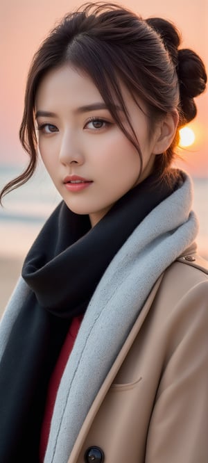 8K, 超High resolution, highest quality, masterpiece, Surreal, photograph,Three-part method, 1 girl, (16 years old:1.3), pretty girl, Cute face, Beautiful eyes in every detail,Japan Female Announcer,(wearing a long winter coat and scarf、Close-up of thin black two-sided updo:1.5)、(The girl turns around with a very sad look on her face, Her hair fluttering in the wind on the winter beach:1.5)、(Blurred Background:1.5)、(red sky at sunset:1.5)、(Perfect Anatomy:1.5)、(Complete Hand:1.3)、(Full Finger:1.3)、Photorealistic、Photograph、Tabletop、highest quality、High resolution、Delicate and beautiful、Perfect Face、Beautiful fine details、Fair skin、Real human skin、((Thin legs))、Bold Pose,super cute super model、Please look closely at the camera 、Vivid details、detailed、Surreal、Light and shadow,Strong light,Fashion magazine cover,Thin lips