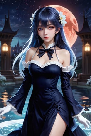 (((masterpiece))),best quality, illustration,beautiful detailed glow,detailed ice,beautiful detailed water,red moon, (magic circle), (beautiful detailed eyes),expressionless,beautiful detailed white gloves, own hands clasped, (floating palaces:1.1),azure hair,disheveled hair,long bangs, hairs between eyes, dark dress, (dark magician girl:1.1),black kneehighs, black ribbon,white bowties,midriff,{{{half closed eyes}}},,big forhead,blank stare,flower,large top sleeves,