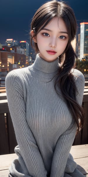 8K, 超High resolution, highest quality, masterpiece, Ultra-realistic, photograph, 1 girl, (16 years old:1.3), pretty girl, Cute face, Beautiful eyes in every detail,Tabletop, highest quality, One Girl,(Dark grey turtleneck sweater:1.4),(Photograph, highest quality), (Realistic, Photorealistic:1.4), Tabletop, Very delicate and beautiful, Very detailed, 8K Wallpaper, wonderful, finely, Very detailed CG Unity, High resolution, Soft Light, Beautiful detailed 16 years old girl, Very detailed目と顔, Beautifully detailed nose, Finely beautiful eyes,Cinematic lighting,City lights at night,Perfect Anatomy,Slender body,smile (Black hair twin tails),super cute super model、Please look closely at the camera 、Vivid details、detailed、Ultra-realistic,Light and shadow,Fashion magazine cover,Thin lips