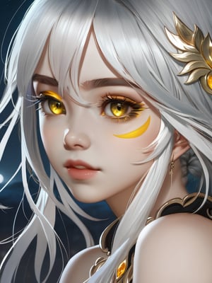 masterpiece, best quality, (1girl), artgerm beautiful detailed eyes, tears, crying, awe, looking at viewer, upper body, white hair, yellow eyes, shy, catgirl, at night, moonlight, very detailed, high resolution, sharp, sharp image, 4k, 8k