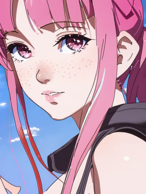beautiful age 18 girl, anime screencap, pink hair, freckles, sexy, beautiful,  dslr, 8k, 4k, natural skin, textured skin
