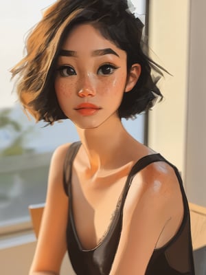 art by Sam Yang of a beautiful age 18 girl, short black hair, freckles, sexy, beautiful,  dslr, 8k, 4k, natural skin, textured skin