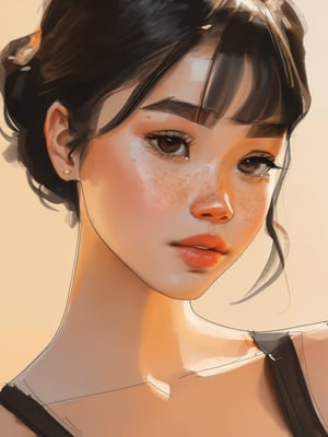art by Sam Yang of a beautiful age 18 girl, short black hair, freckles, sexy, beautiful,  dslr, 8k, 4k, natural skin, textured skin