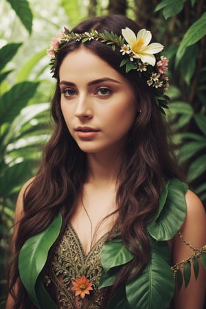 Masterpiece, intricate details, woman in rainforest, flowers in the hair, birds