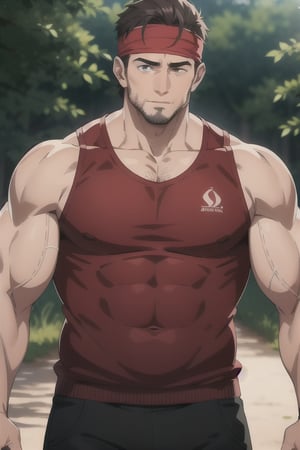 1man, red man headband, short slick back hair, singlet vest, masterpiece, best quality, dusk, woodscape, mature, muscular male, aged down, hairy body, depth of field, messy