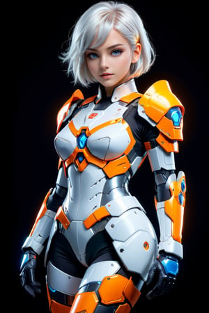 (full body 1: 2), viewd_from _back ,,full body, mecha girl wearing a beautifuly designed armour,back armour ,4K resalotion, mecha gloves, simple background ,(masterpiece),full body neon orange and yellow colour armour  ,viewed_from_ front , facing_viewer,,looking at the viewer ,front side  , mecha gloves,perfect face  ,  1 beautiful girl wearing fullbody    armour,  , ,   ,    full body  heavy  armour ,  , ,perfect face, futuristic ,full body  ,      ,full mecha legs , short white hair , simple background ,vibrant colours  , realistic   girl ,more detail XL  ,