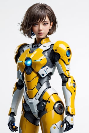 3DMM, (masterpiece),(full body ),science fiction  ,  1 beautiful  girl,perfect face,short   hair,perfect face ,    futuristic ,full body ,mecha,full body armour,  wearing  mecha  gear, sci-fi, mecha  yellow   armour   , white background ,vibrant colours  , realistic animi, ,girl ,back , behind ,more detail XL,3d style