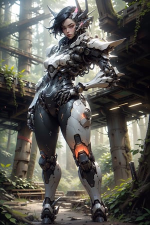 highres, ((pov from front )),front,, beautiful sense, a android ninja,     black amd white female battle bot,,,(strong vibrent colours), heavy armour ,stand in henshin pose, masculine,,, ((viewed_from _front)), front side,Ultra HD, ultra detailed, close-up,,((in a Forest )),lush forest,cinematic poster, 1 mecha bot, (( ninja bot )),heavy armour,  looking at the viewer,,outdoors, ((high-tech building background )),     (sci-fi),   .  highly detaild beautiful background ,   outdoor  sense with high-tech lighting, gleaming, sparkling light, front, beautiful background,