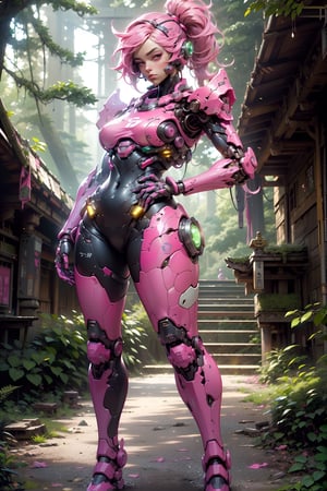 highres, ((pov from front )),front,, beautiful sense, a android ninja,   in a beautiful Japanese temple,pink female battle bot,,,(strong vibrent colours), heavy armour ,stand in henshin pose, masculine,,, ((viewed_from _front)), front side,Ultra HD, ultra detailed, close-up,,((in a Forest temple )),lush forest,cinematic poster, 1 mecha bot, (( pink ninja bot )),heavy armour,  looking at the viewer,,outdoors, ((high-tech building background )),     (sci-fi),   .  highly detaild beautiful background ,   outdoor  sense with high-tech lighting, gleaming, sparkling light, front, beautiful background,