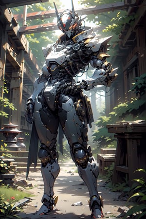 highres, ((pov   front )),in a Japanese temple background, (ninja bot),,heavy armour , cinematic poster ,  a 1 black   battle bot,deadly machine,mecha mask,,, ,Ultra HD, ultra detailed,  ,, strong mecha bot, (( black bot )),mecha helmet,michancal armour, looking at the viewer,,outdoors, ((in a Forest temple )),lush forest,((high-tech building background )),     (sci-fi),   .  highly detaild SciFi temple background ,   outdoor temple sense with  , ruins,  , sparkling light,  , beautiful background,