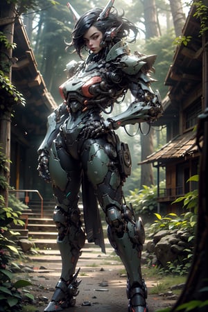 highres, ((pov from front )),front,, beautiful sense, a android ninja,     black female battle bot,,,(strong vibrent colours), heavy armour ,stand in henshin pose, masculine,,, ((viewed_from _front)), front side,Ultra HD, ultra detailed, close-up,,((in a Forest )),lush forest,cinematic poster, 1 mecha bot, (( ninja bot )),heavy armour,  looking at the viewer,,outdoors, ((high-tech building background )),     (sci-fi),   .  highly detaild beautiful background ,   outdoor  sense with high-tech lighting, gleaming, sparkling light, front, beautiful background,
