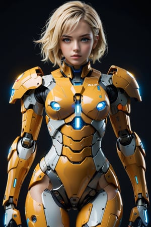 4K resalotion , (masterpiece),full body ,viewed_from_front  ,  perfect face  ,  1 beautiful  girl front view    , ,, facing the viewer ,    full body damaged heavy  armour ,  ,short   blonde hair,perfect face, futuristic ,full body ,mecha,,  wearing  mecha  gear, sci-fi, mecha     armour   , simple background ,vibrant colours  , realistic animi girl ,more detail XL  ,