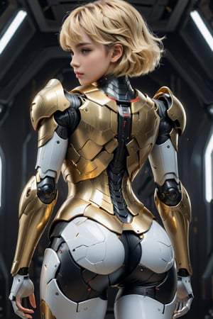 4K resalotion , (masterpiece),full body ,viewed_from_back,back armour,  ,  perfect face  ,  1 beautiful  girl  ,detaild armour in butt, mecha legs,     , ,, facing the viewer ,    full body   heavy gold and black armour ,  ,short   blonde hair,perfect face, futuristic ,full body , sci-fi, highly detailed mecha     armour   ,  vibrant colours  , realistic animi girl ,more detail XL  ,