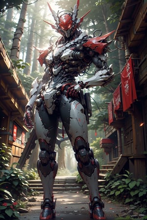 highres, ((pov   front )),in a Japanese temple background, (ninja bot),,heavy armour , cinematic poster ,  a 1 red,battle bot,deadly machine,mecha mask,,, ,Ultra HD, ultra detailed,  ,, strong mecha bot, (( red bot )),mecha helmet,michancal armour, looking at the viewer,,outdoors, ((in a Forest temple )),lush forest,((high-tech building background )),     (sci-fi),   .  highly detaild SciFi temple background ,   outdoor temple sense with  , ruins,  , sparkling light,  , beautiful background,beautiful Japanese temple 