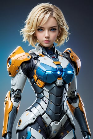 4K resalotion , (masterpiece), ,viewed_from_front  ,  perfect face  ,  1 beautiful  girl wearing full body armour,   front view    , ,, facing the viewer ,    full body   heavy  armour ,  ,short   blonde hair,perfect face, futuristic ,full body ,mecha,,  wearing  mecha  gear, sci-fi mecha     armour   , simple background ,vibrant colours  , realistic animi girl ,more detail XL  ,
