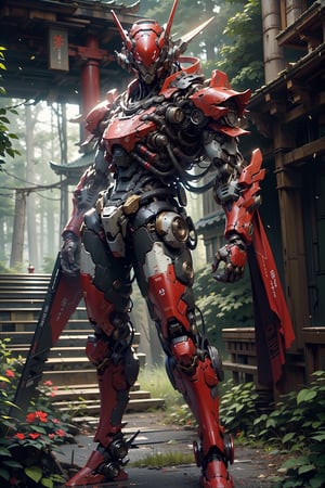 highres, ((pov   front )),in a Japanese temple background, (ninja bot),,heavy armour , cinematic poster ,  a 1 red,battle bot,deadly machine,mecha mask,,, ,Ultra HD, ultra detailed,  ,, strong mecha bot, (( red bot )),mecha helmet,michancal armour, looking at the viewer,,outdoors, ((in a Forest temple )),lush forest,((high-tech building background )),     (sci-fi),   .  highly detaild SciFi temple background ,   outdoor temple sense with  , ruins,  , sparkling light,  , beautiful background,beautiful Japanese temple 