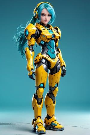 full body mecha girl ,4K resalotion , simple background ,(masterpiece),full body armour  ,viewed_from_ front ,looking at the viewer ,front side  , perfect face  ,  1 beautiful girl wearing fullbody yellow  armour, aqua hair , ,   ,    full body  heavy  armour ,  , ,perfect face, futuristic ,full body ,mecha,,   ,      ,full mecha legs , armour   , simple background ,vibrant colours  , realistic animi girl ,more detail XL  ,