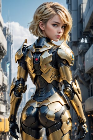 4K resalotion , (masterpiece),full body ,viewed_from_back,back armour,  ,  perfect face  ,  1 beautiful  girl, wearing mecha armour ,detaild armour in butt, mecha legs, detailed  back armour , mecha gloves ,, facing the viewer ,    full body   heavy gold and black armour ,  ,short   blonde hair,perfect face, futuristic ,full body , sci-fi, highly detailed mecha     armour   ,  vibrant colours  , realistic animi girl ,more detail XL  ,