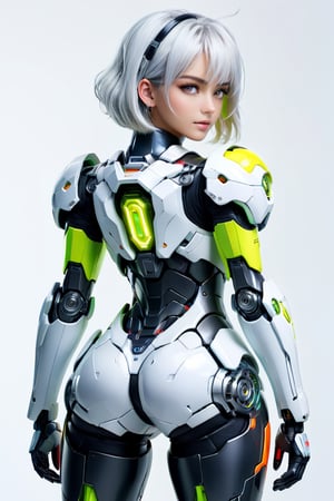 full body, (full body 1:2), viewed from behind , mecha shoes ,mecha girl ,4K resalotion , white background ,(masterpiece),full body neon armour  ,viewed_from_ front ,looking at the viewer ,front side  , perfect face  ,  1 beautiful girl wearing fullbody  neon colour armour , short white hair , ,   ,    full body  heavy neon   armour ,   , ,perfect face, futuristic ,full body ,mecha,,   ,      , armour   , simple background ,vibrant colours  , realistic animi girl ,more detail XL  ,behind