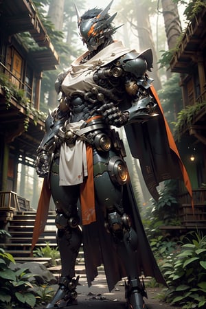 highres, ((pov   front )),in a Japanese temple background, (ninja bot),,heavy armour , cinematic poster ,  a 1 orange and white ,battle bot,deadly machine,mecha mask,,, ,Ultra HD, ultra detailed,  ,, strong mecha bot, (( masculine )),mecha helmet,michancal armour, looking at the viewer,,outdoors, ((in a Forest temple )),lush forest,((high-tech building background )),     (sci-fi),   .  highly detaild SciFi temple background ,   outdoor temple sense with , ((no cape)),, ruins,  , sparkling light,  , beautiful background,beautiful Japanese temple 