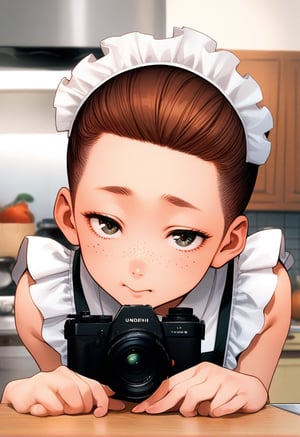 1 girl, a closeup portrait of a playful maid, undercut hair, apron, kitchen, ginger, freckles, flirting with camera, masterpiece