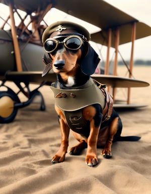 Photo of a WW1 biplane with a Dachshund as pilot, goggles 