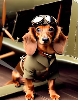Photo of a WW1 biplane with a Dachshund as pilot, goggles 