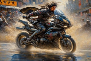 Oil Painting. Portrait of a Samurai riding a motorcycle across a busy street in Kyoto in 1800. Style by Claude Monet. action shot