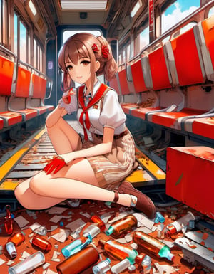 Photograph, 1Girl, sitting on train, red interior, rust, garbage on the floor, broken bottles, art by J.C. Leyendecker . anime style, key visual, vibrant, studio anime, highly detailed,art by mooncryptowow
