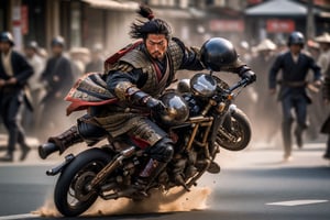 Photo Portrait of a Samurai riding a motorcycle across a busy street in Paris in 1800. action shot